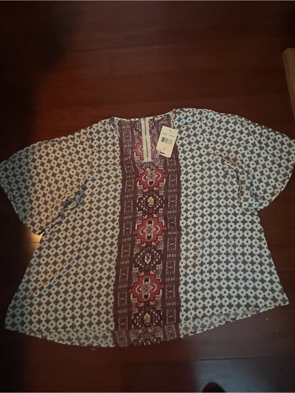 Boho Printed Split-Neck Women's Top in Ivory and Burgundy